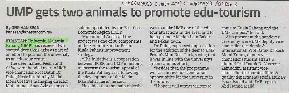 The Star: UMP gets two animals to promote edu-tourism